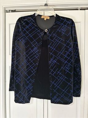 Notations Black & Blue Geometric Velvet Open Jacket